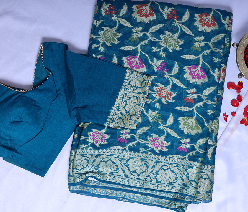 Peacock blue georgette floral pattern saree - Sakkhi Style