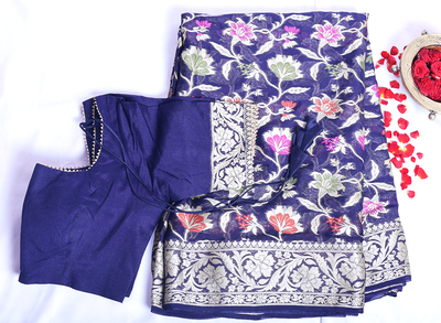 Navy blue georgette silk floral pattern saree - Sakkhi Style