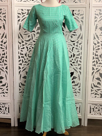 Turquoise Checks Long Gown - Sakkhi Style
