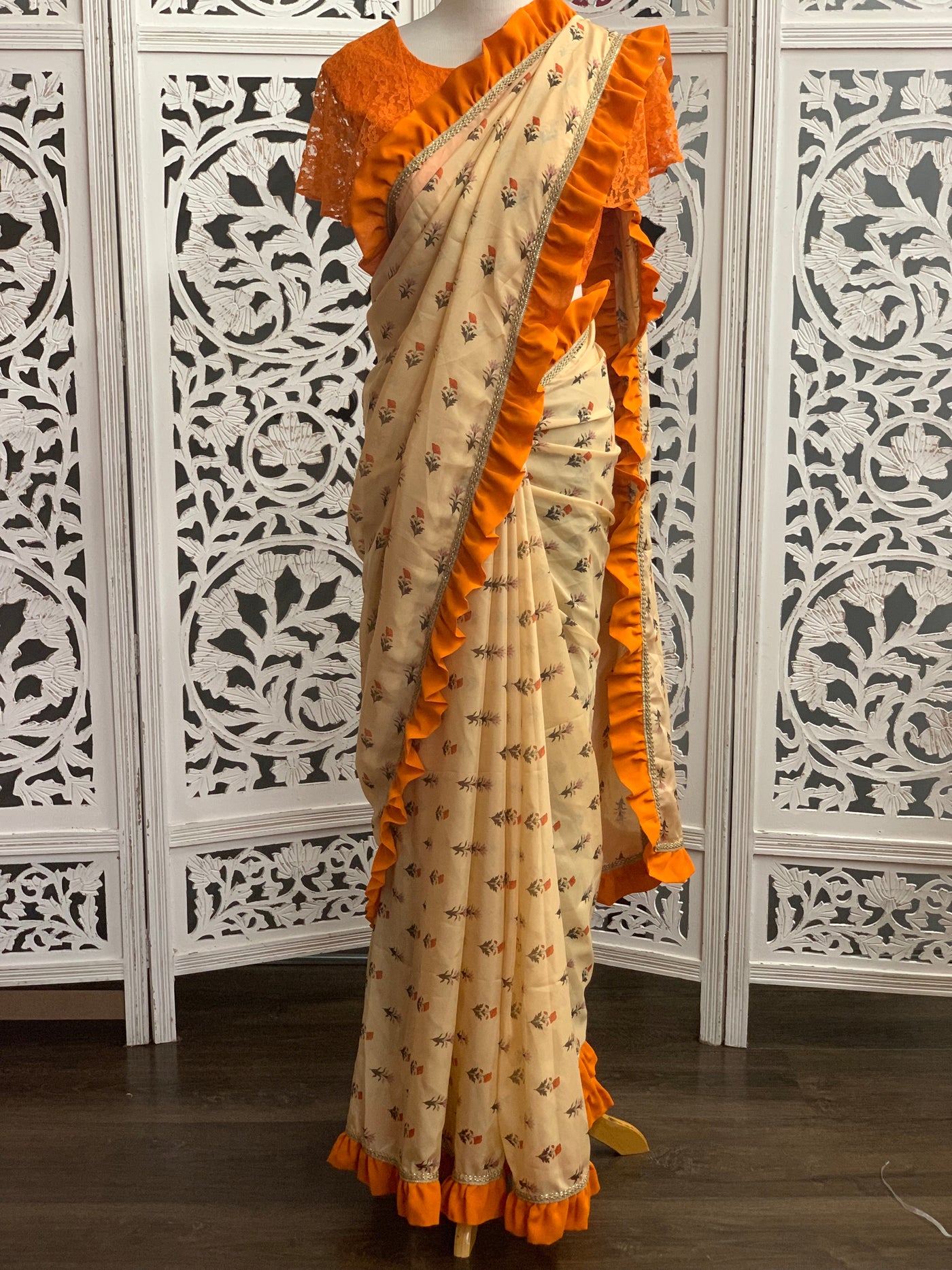 Beige and Orange Ruffle Saree - Sakkhi Style