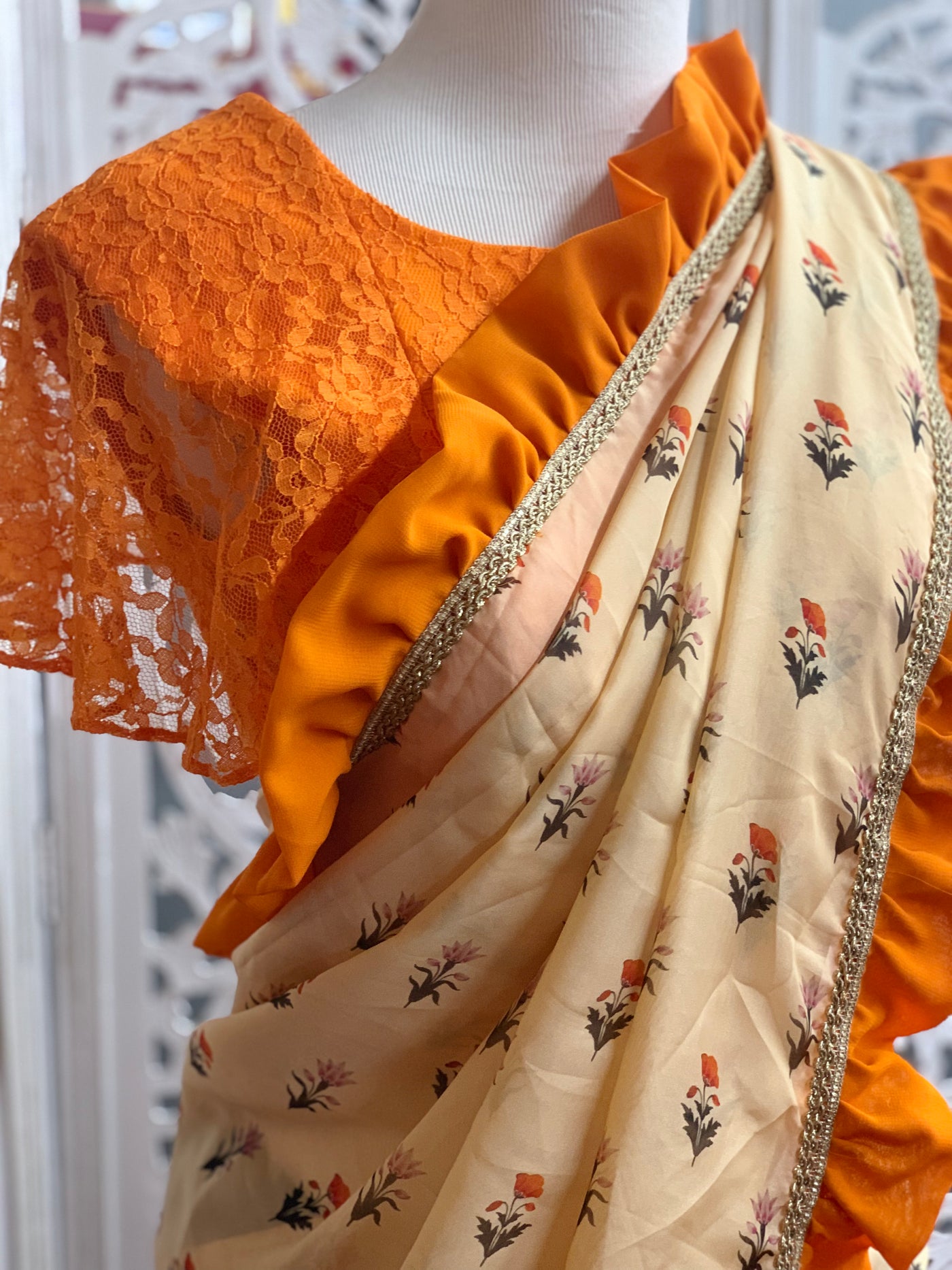 Beige and Orange Ruffle Saree - Sakkhi Style
