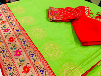 Green and Red Banaras Paithani Saree - Sakkhi Style
