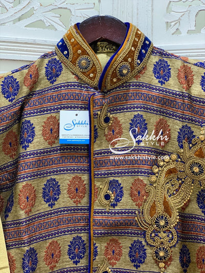 Blue and Gold Embroidered Kurta Pyjama - Sakkhi Style