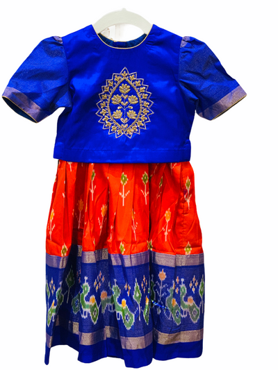 Blue and Red Ikkat Pattu Pavadai - Sakkhi Style