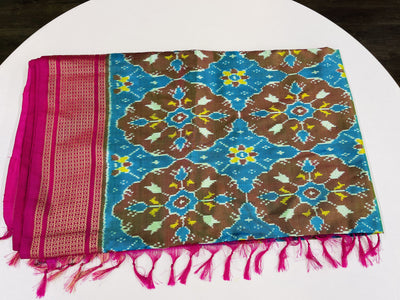 Blue and Pink Ikkat Pochampally Silk Saree - Sakkhi Style
