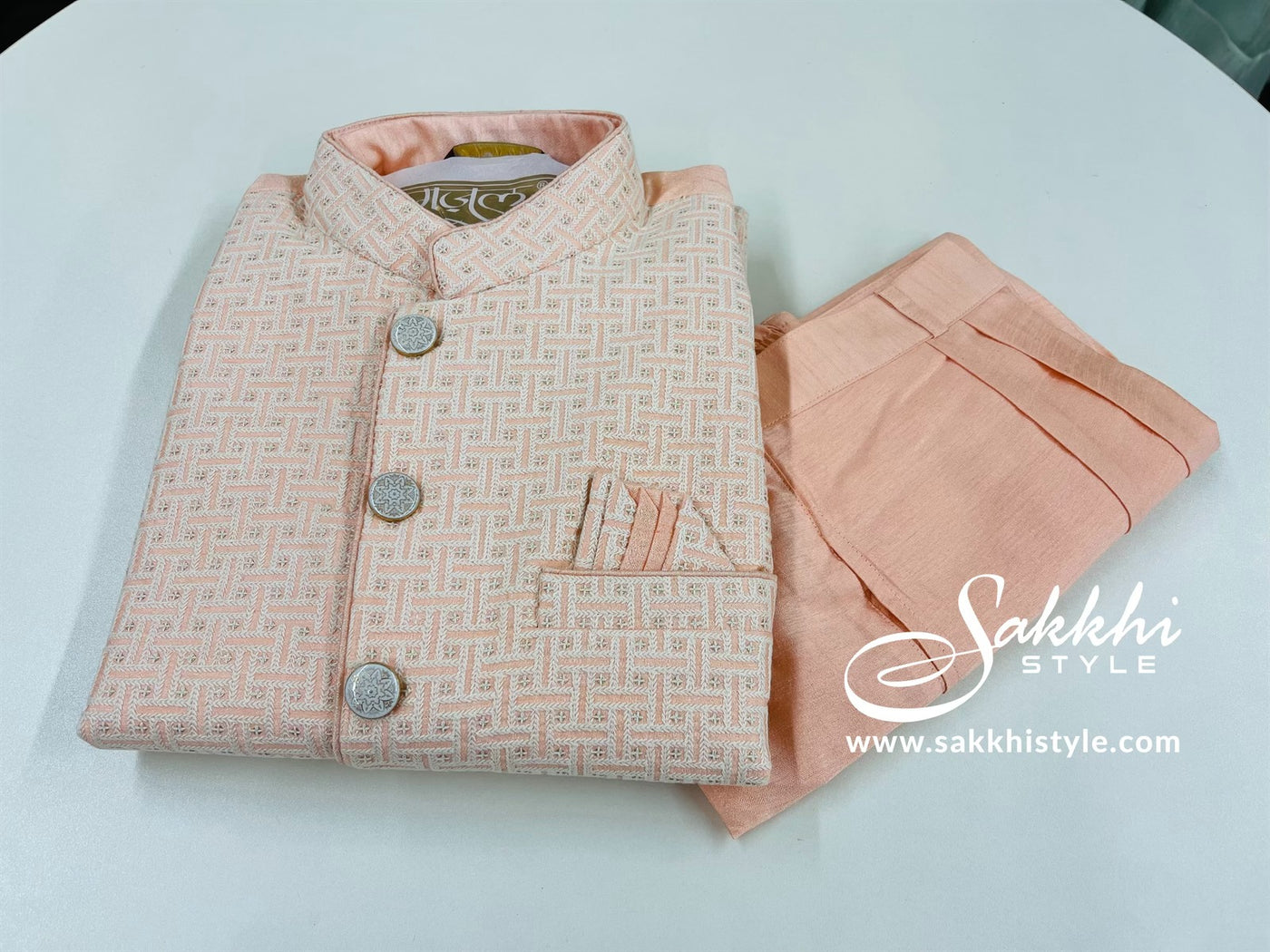 Peach Kurta Pyjama with Jacket - Sakkhi Style