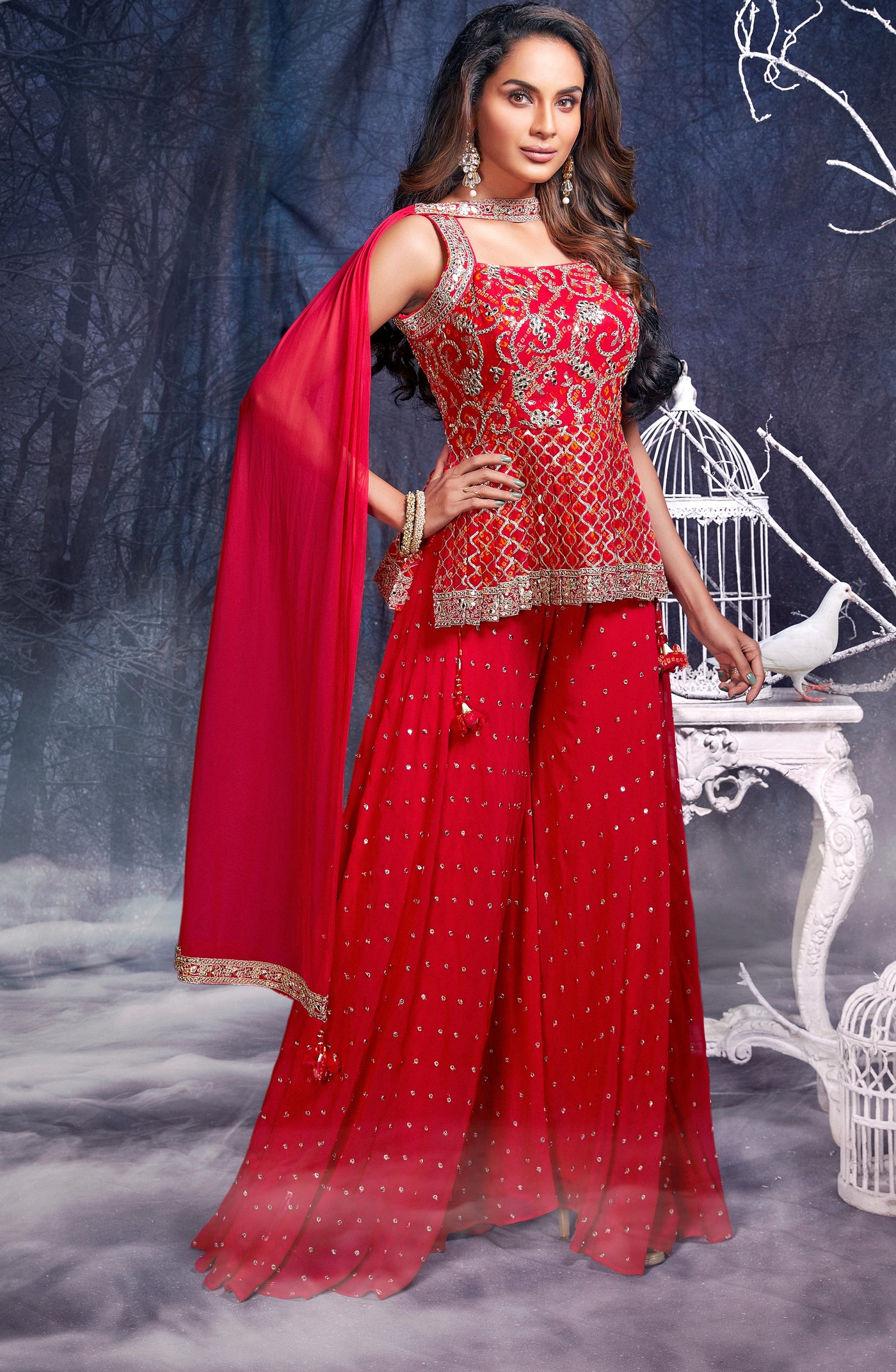 Red Bandhani Sharara With Peplum Top - Sakkhi Style