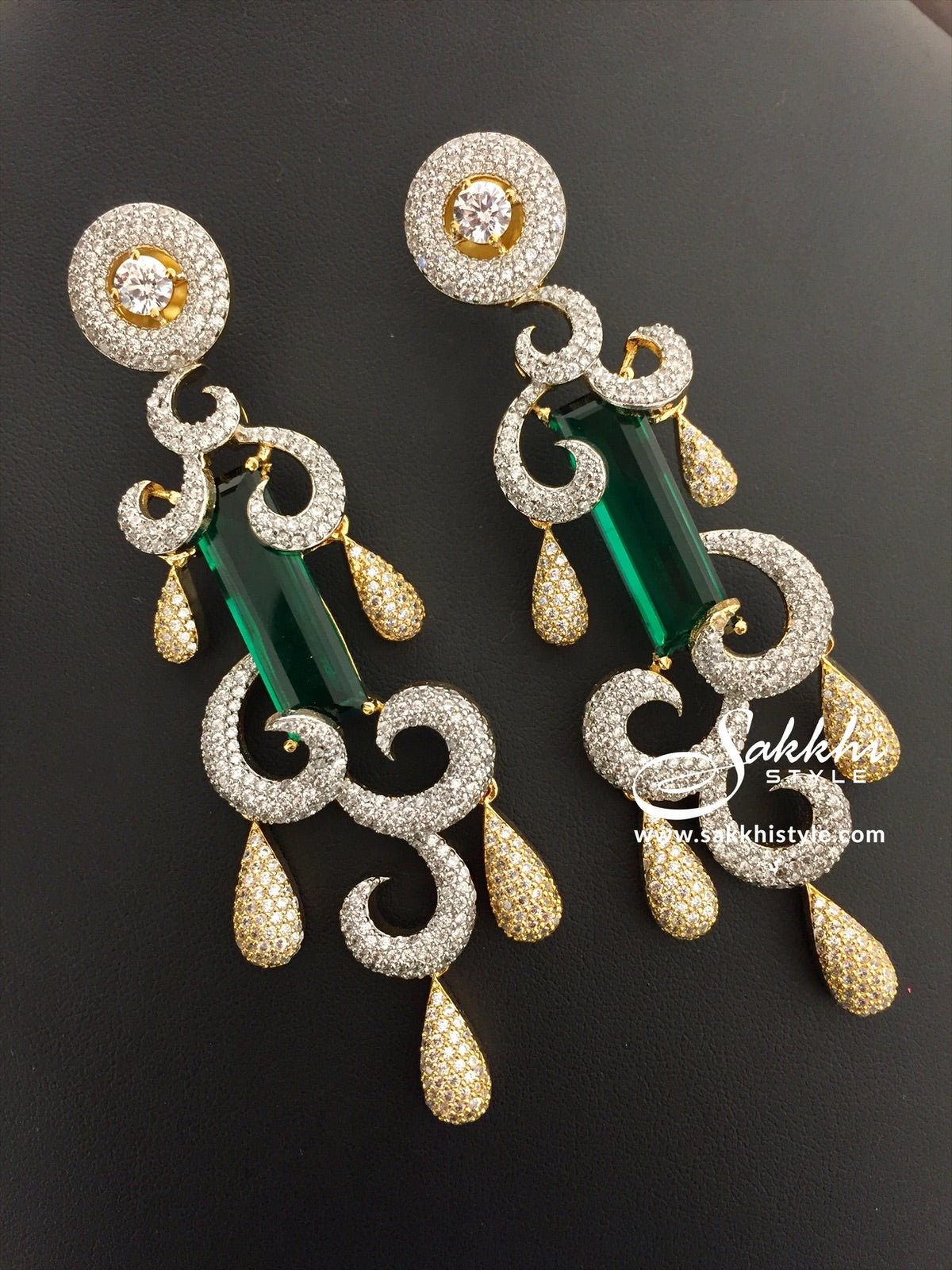 1 Gram Gold CZ and Semi Emerald Stone Drop Earrings - Sakkhi Style