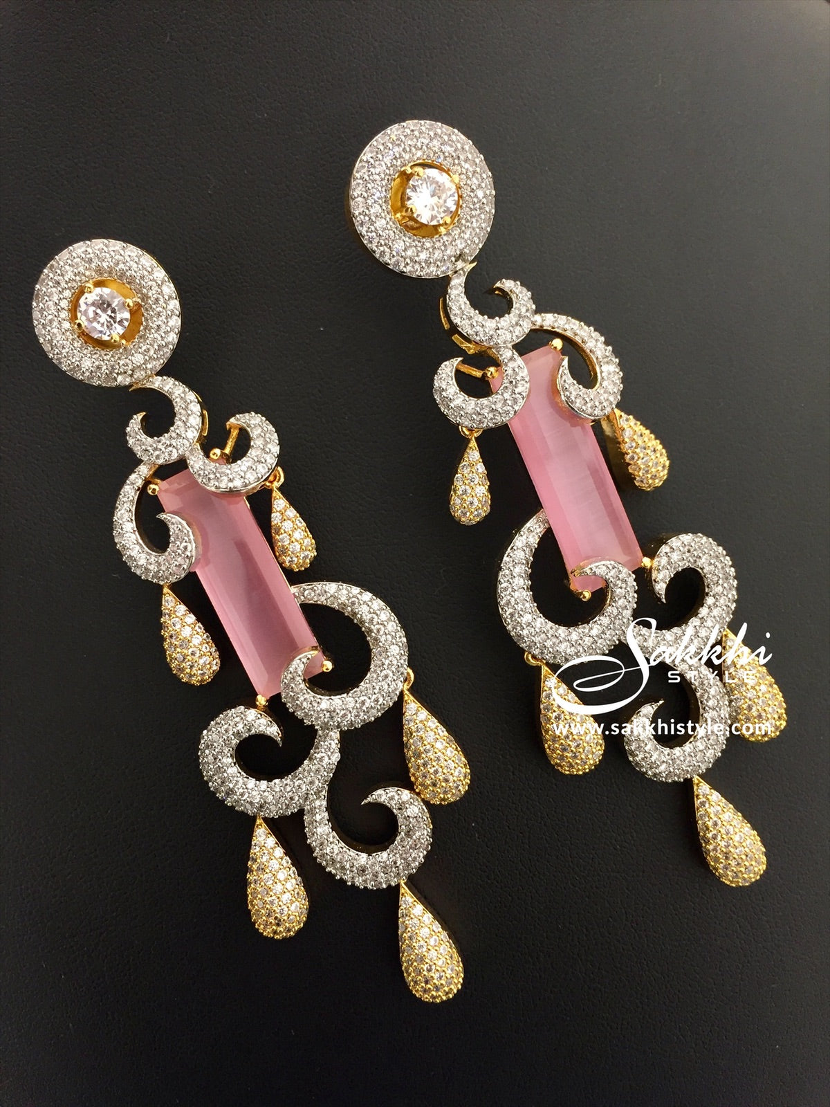 1 Gram Gold CZ and Pink Stone Drop Earrings - Sakkhi Style