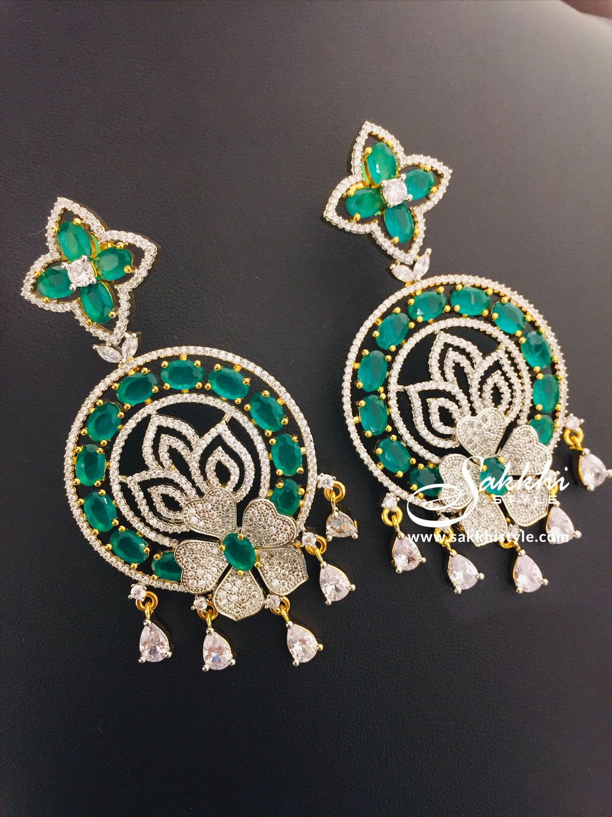 1 Gram Gold Chandbali Earrings with Semi Emeralds - Sakkhi Style