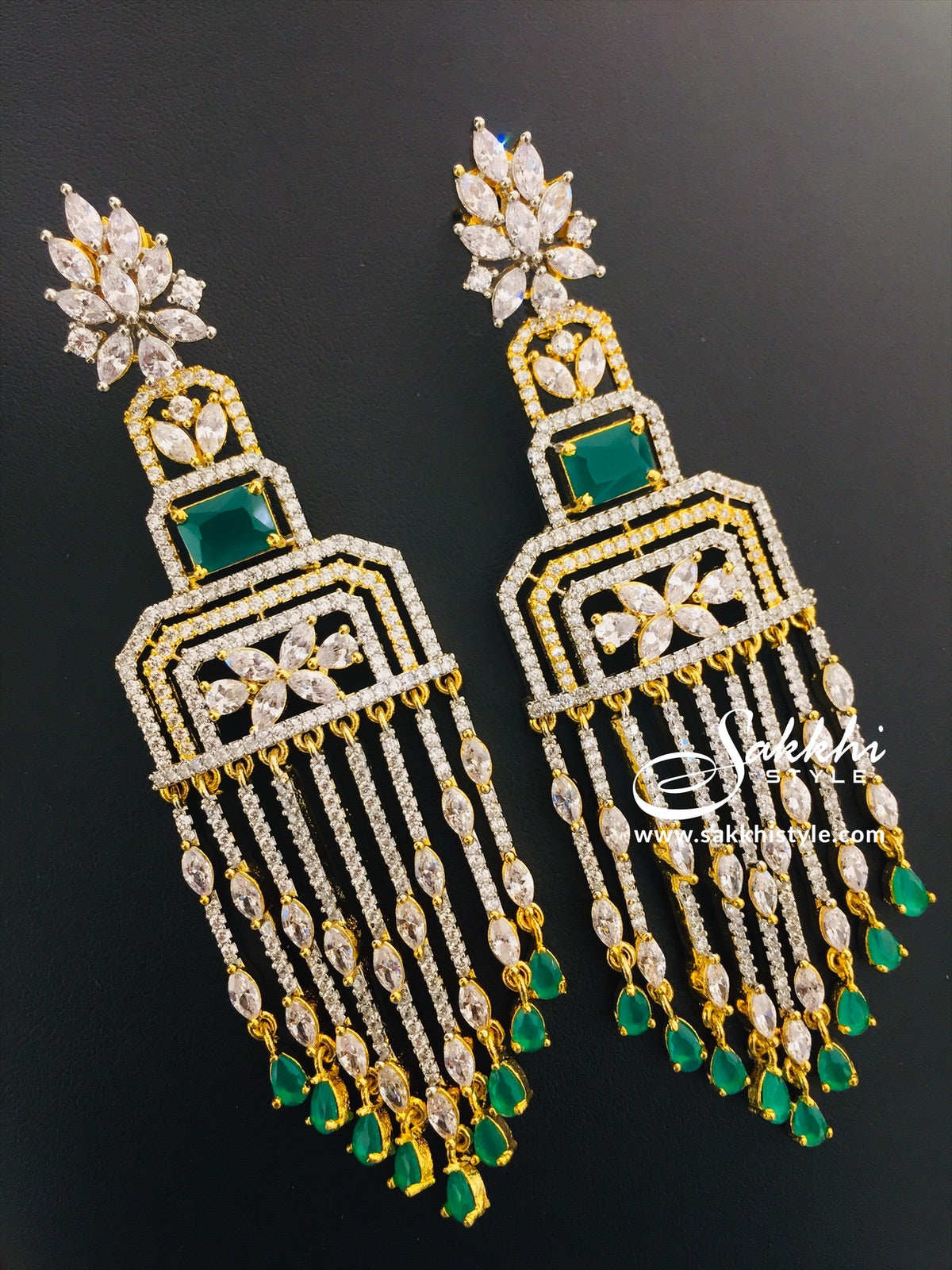 1 Gram Gold Drop Earrings with Semi Emeralds - Sakkhi Style