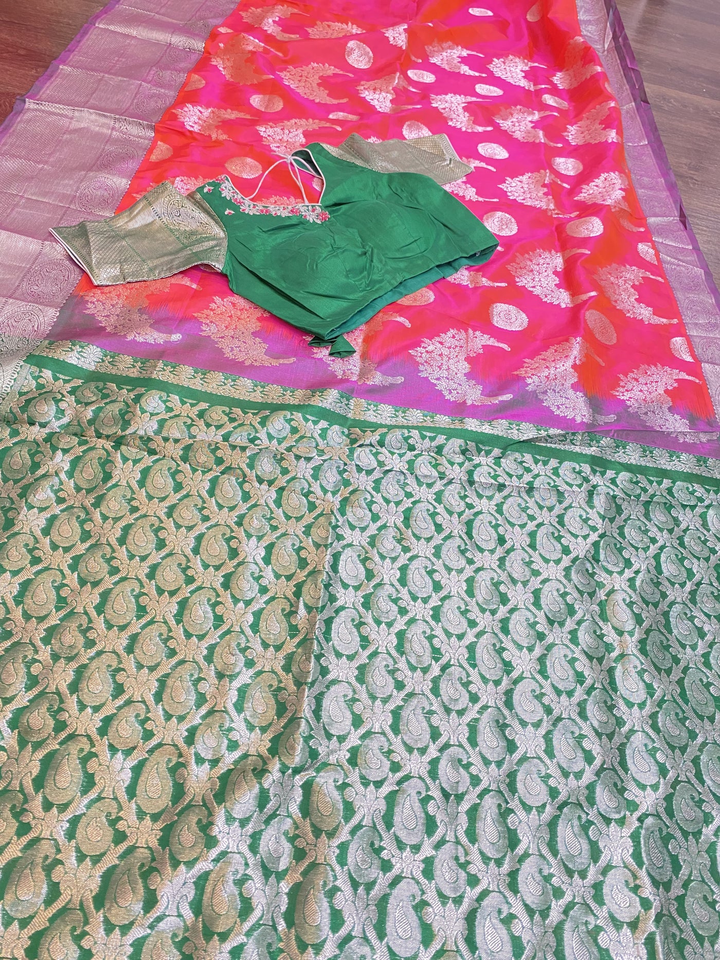 Pink/Orange and Green Venkatagiri Pattu Saree - Sakkhi Style