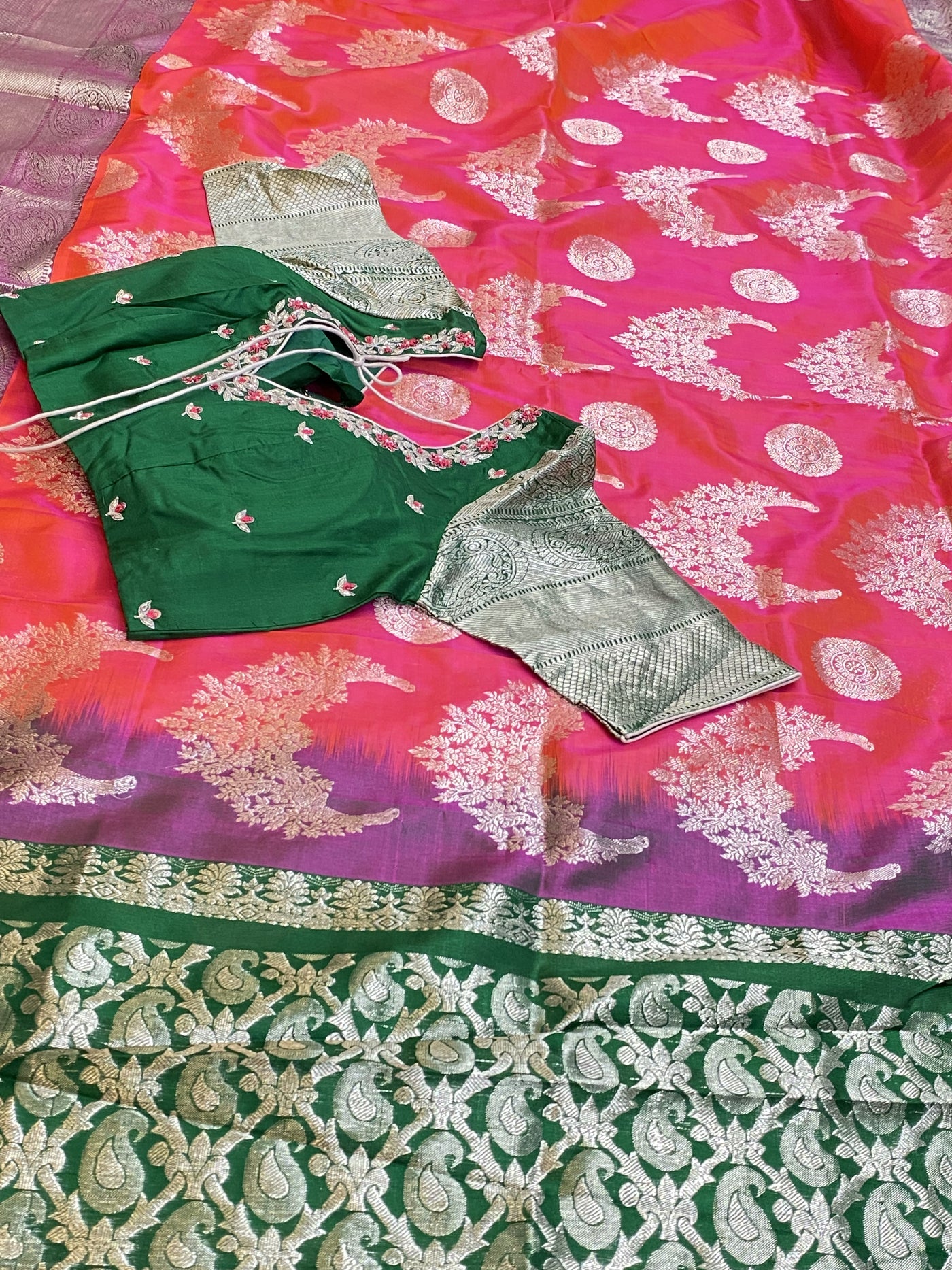 Pink/Orange and Green Venkatagiri Pattu Saree - Sakkhi Style