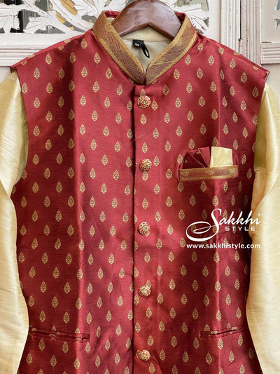Cream Kurta Pyjama with Maroon Jacket - Sakkhi Style