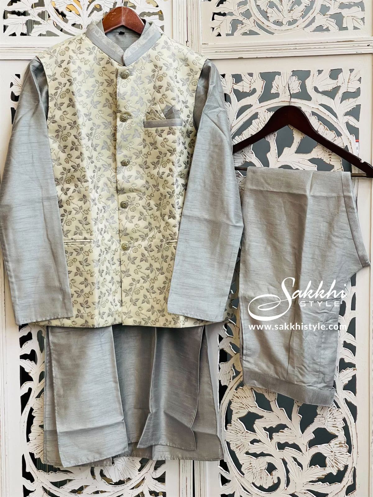 Grey and Silver Kurta Pyjama with Jacket - Sakkhi Style