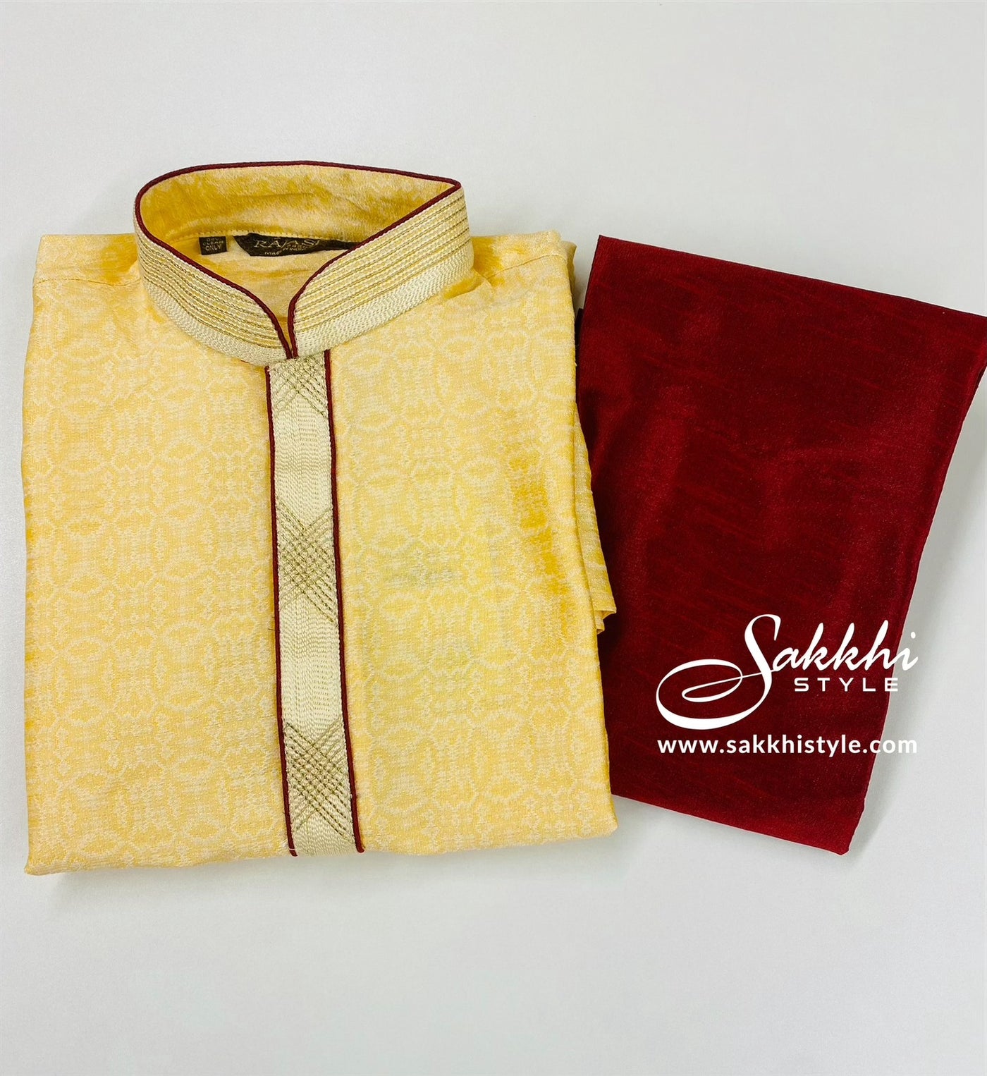 Pastel Yellow and Maroon Kurta Pyjama - Sakkhi Style