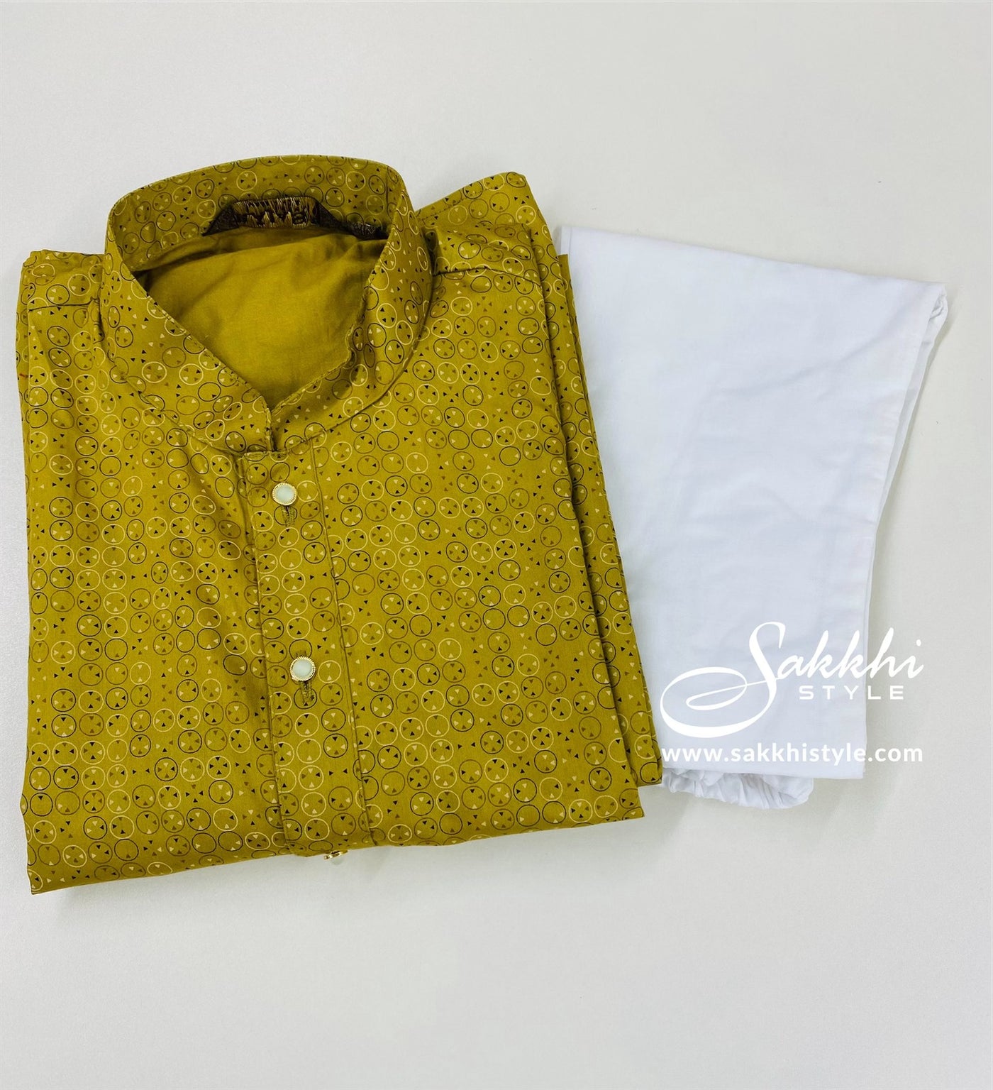 Olive Green and White Kurta Pyjama - Sakkhi Style