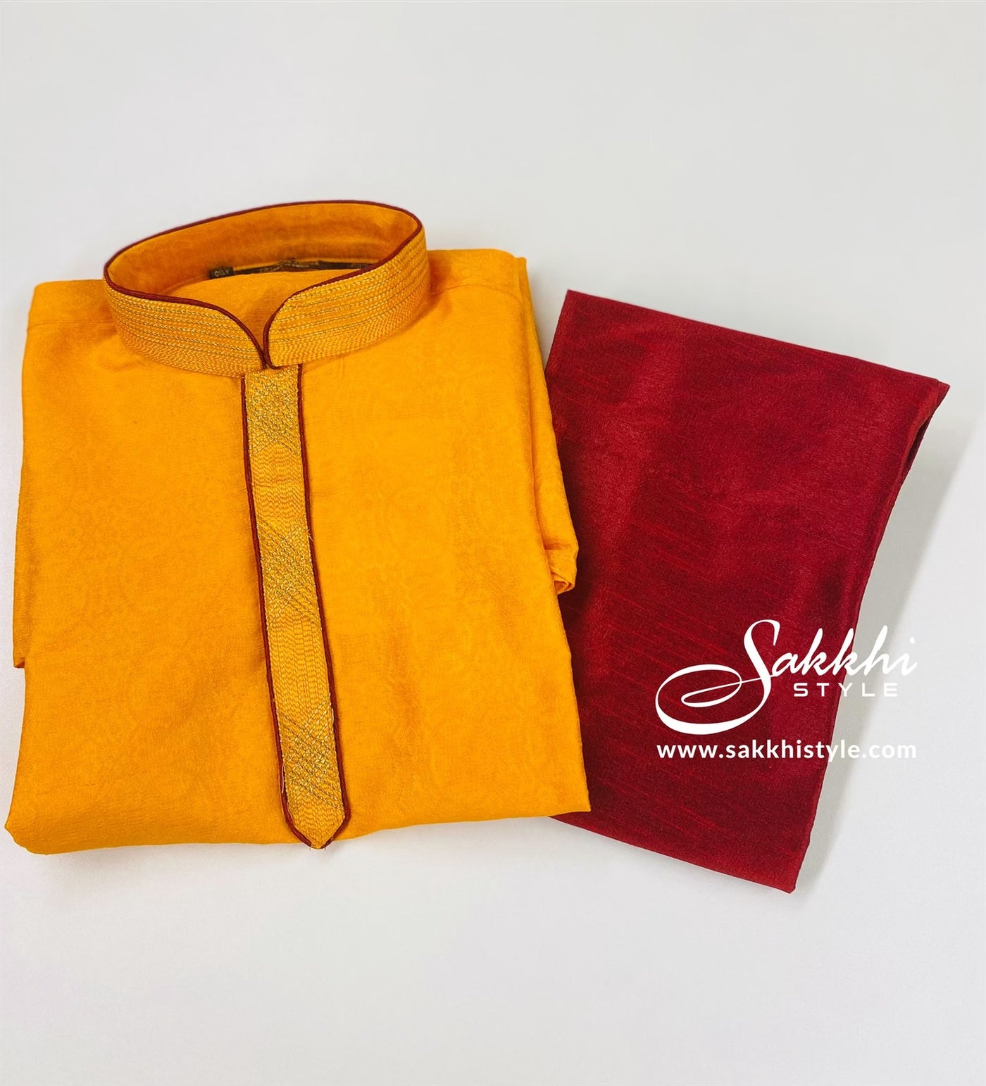Pumpkin Yellow and Maroon Kurta Pyjama - Sakkhi Style