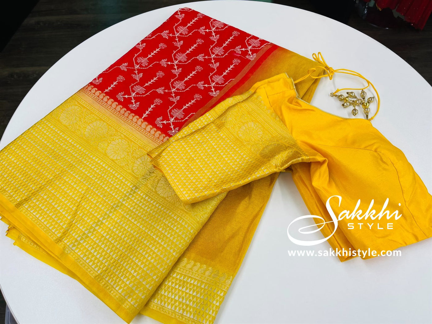 Red and Yellow Kora Silk Saree - Sakkhi Style
