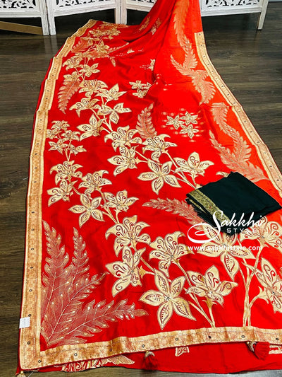 Red and Gold Moonga Silk Saree - Sakkhi Style