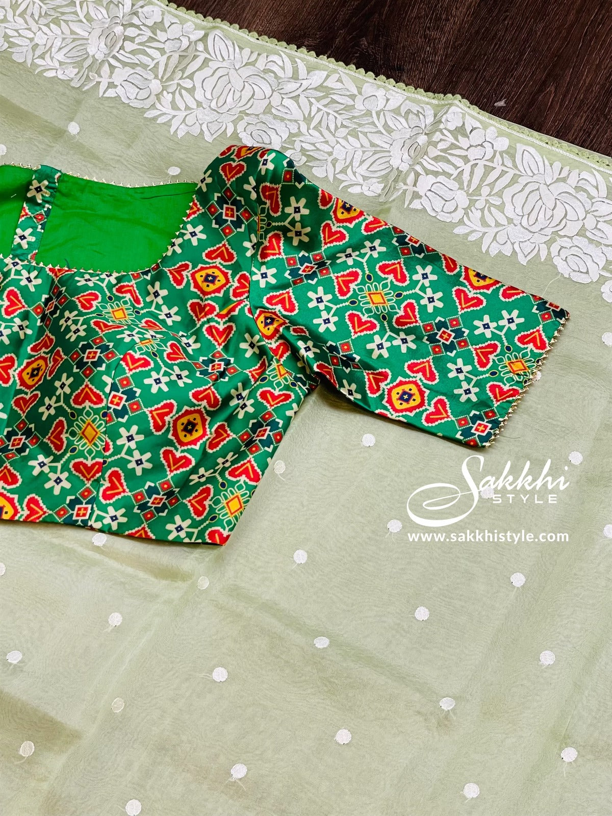 Green and Dark Green Embroidered Organza Saree - Sakkhi Style