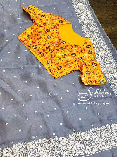 Pastel Blue and Yellow Embroidered Organza Saree - Sakkhi Style