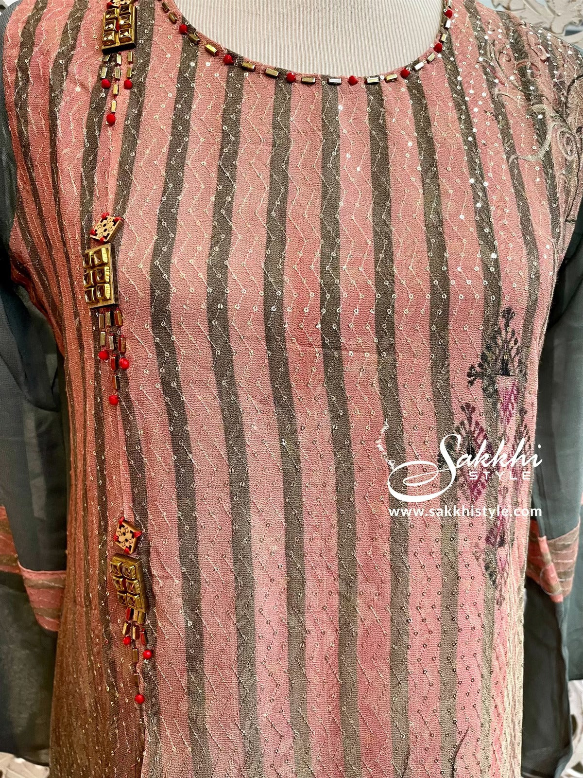 Pastel Pink and Green Long Kurti/Gown - Sakkhi Style