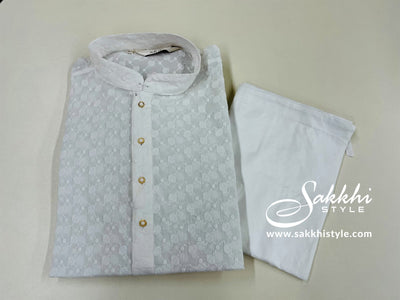White Woven Design Straight Kurta Pyjama - Sakkhi Style