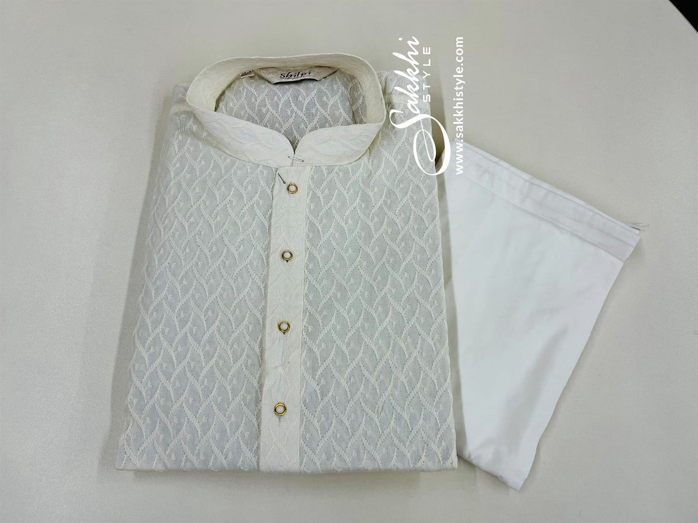 White Woven Design Kurta Pyjama - Sakkhi Style