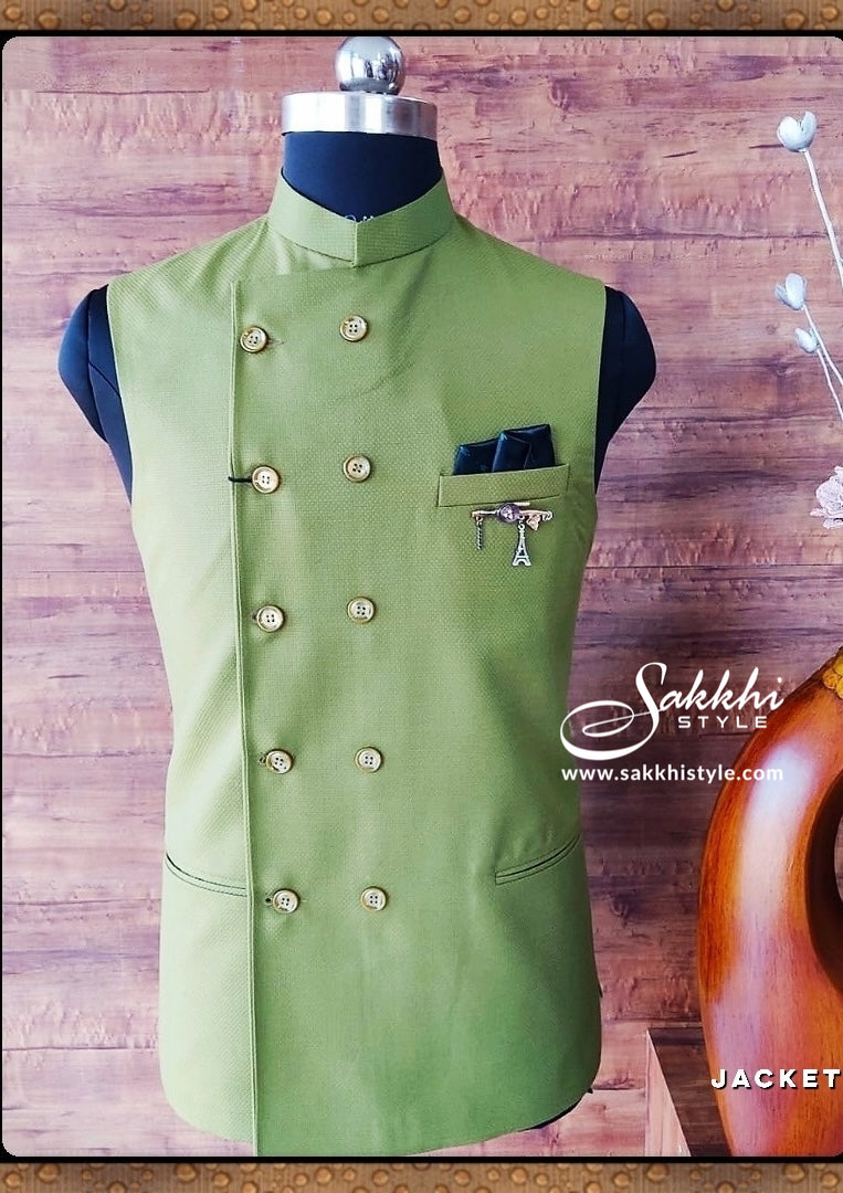 Kakhi Green Solid Woven Nehru Jacket - Sakkhi Style