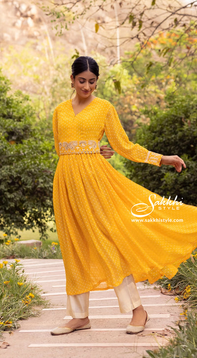 Yellow Anarkali Set With Embroidered Belt - Sakkhi Style