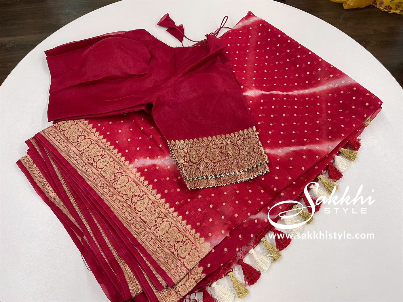 Cherry Red Tussar Silk Saree - Sakkhi Style