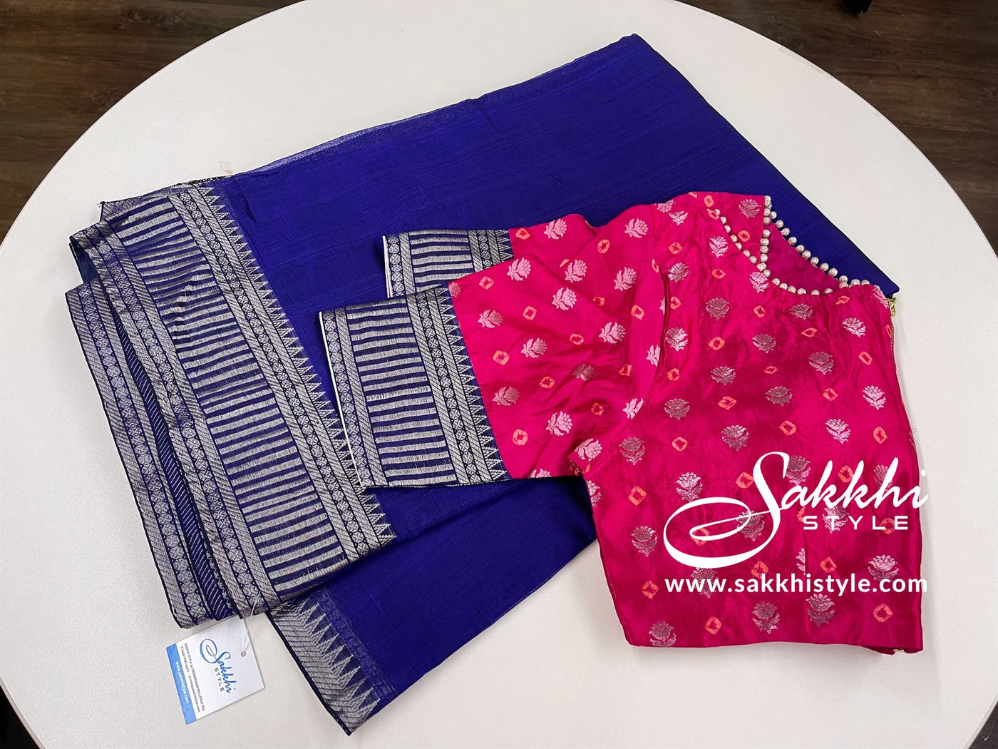 Navy Blue & Pink Mangalagiri Silk Saree - Sakkhi Style