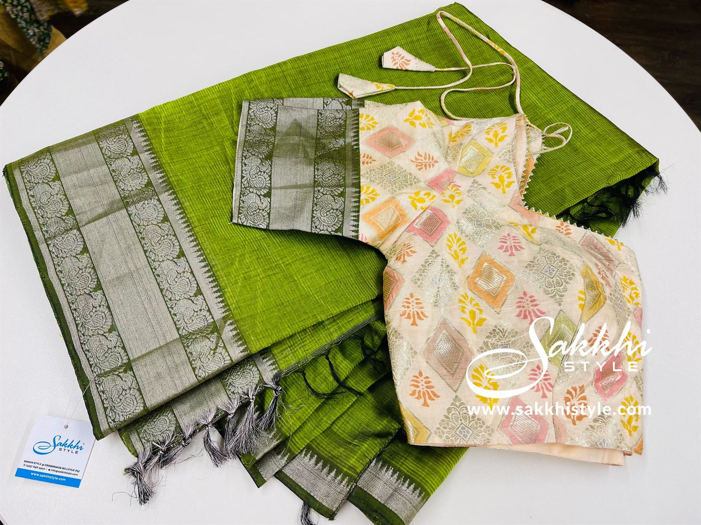 Green & Cream Mangalagiri Saree - Sakkhi Style