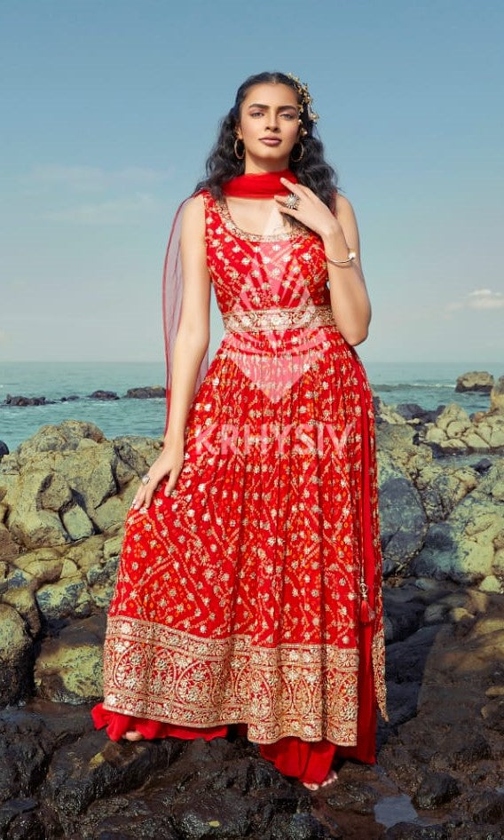 Red Bandhani High Slit Salwar Suit - Sakkhi Style