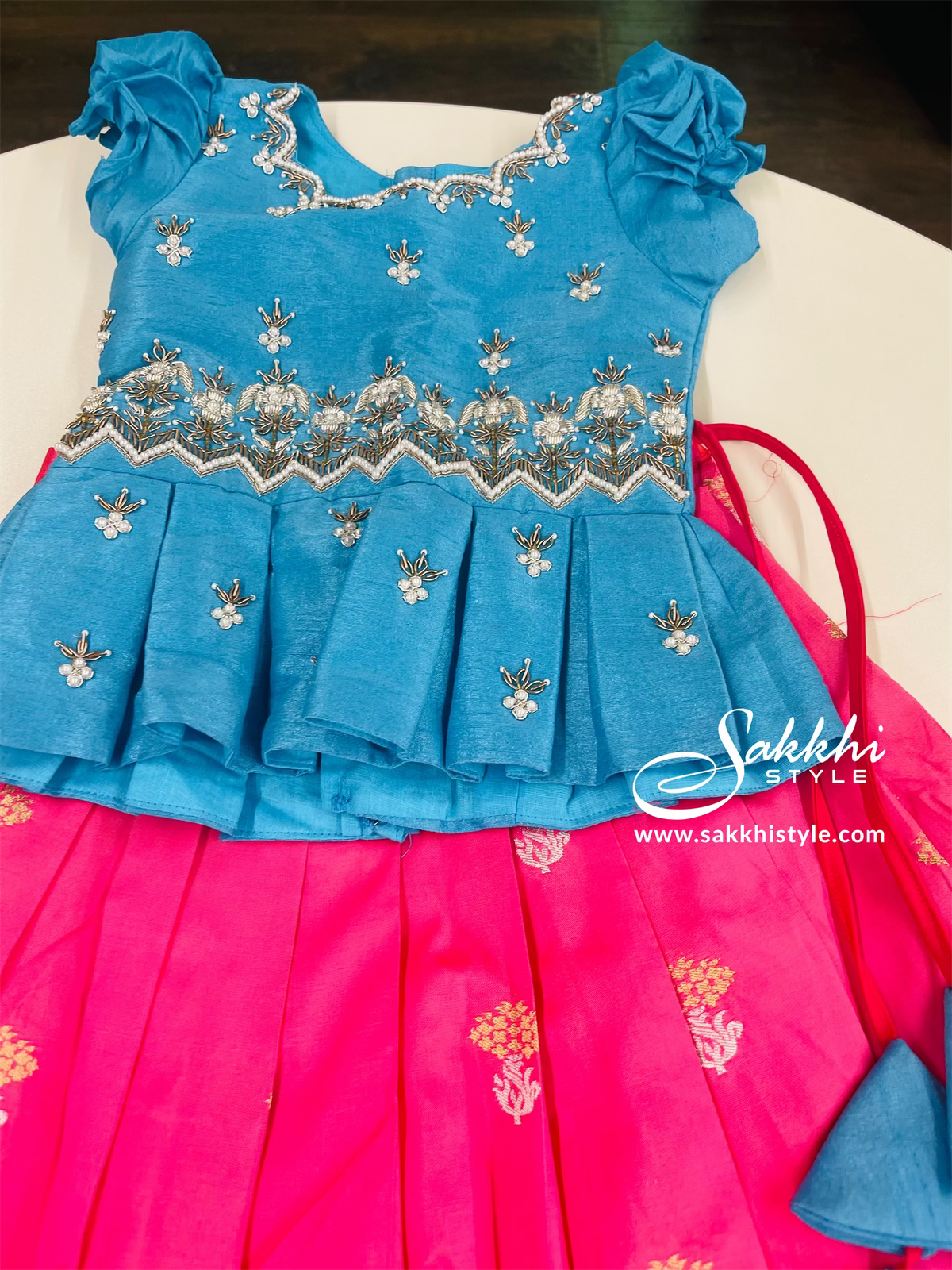 Peach & Sky Blue Silk Pavadai - Sakkhi Style