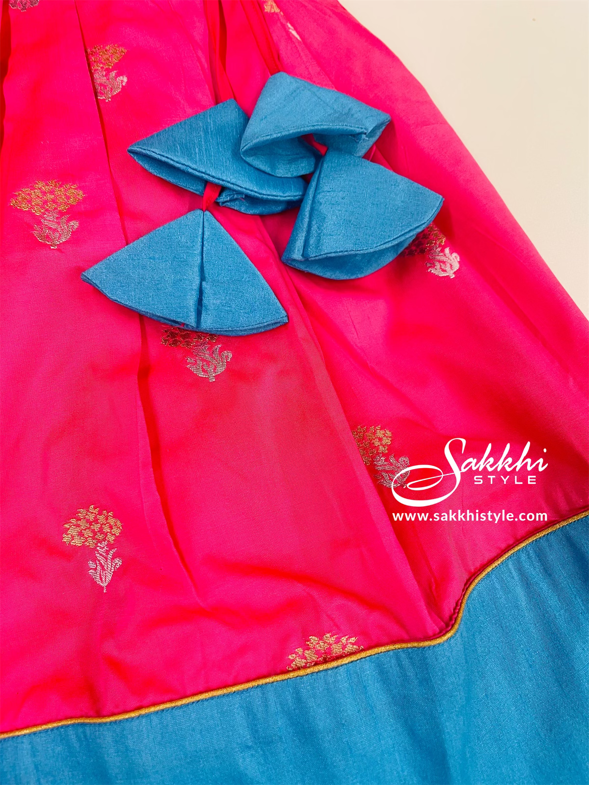 Peach & Sky Blue Silk Pavadai - Sakkhi Style