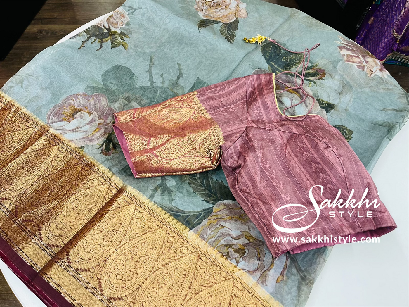 Grey Printed Organza Saree - Sakkhi Style