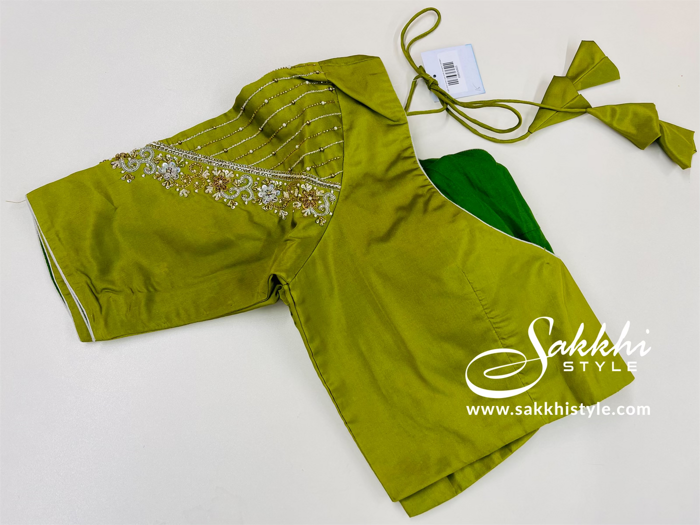 Light olive green aari work designed handwoven semi silk blouse - Sakkhi Style