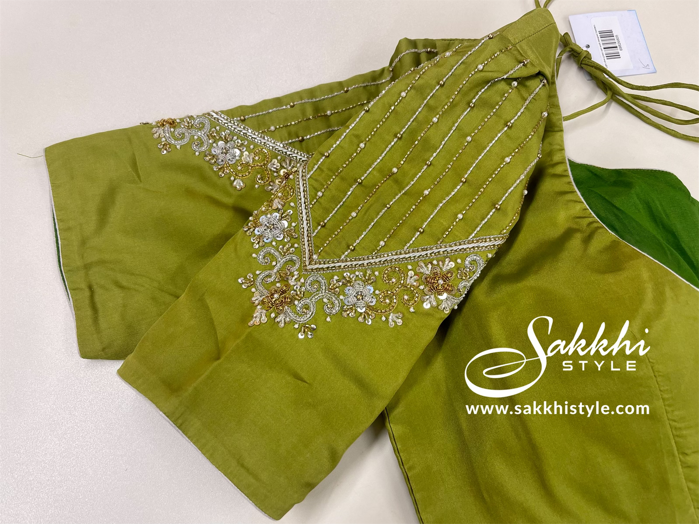 Light olive green aari work designed handwoven semi silk blouse - Sakkhi Style