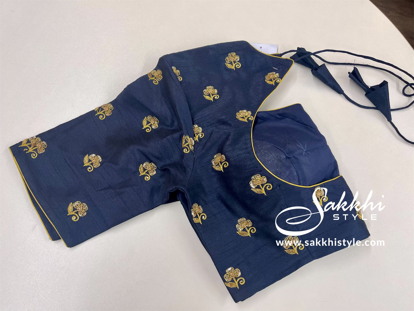 Royal blue aari work cotton slub blouse - Sakkhi Style