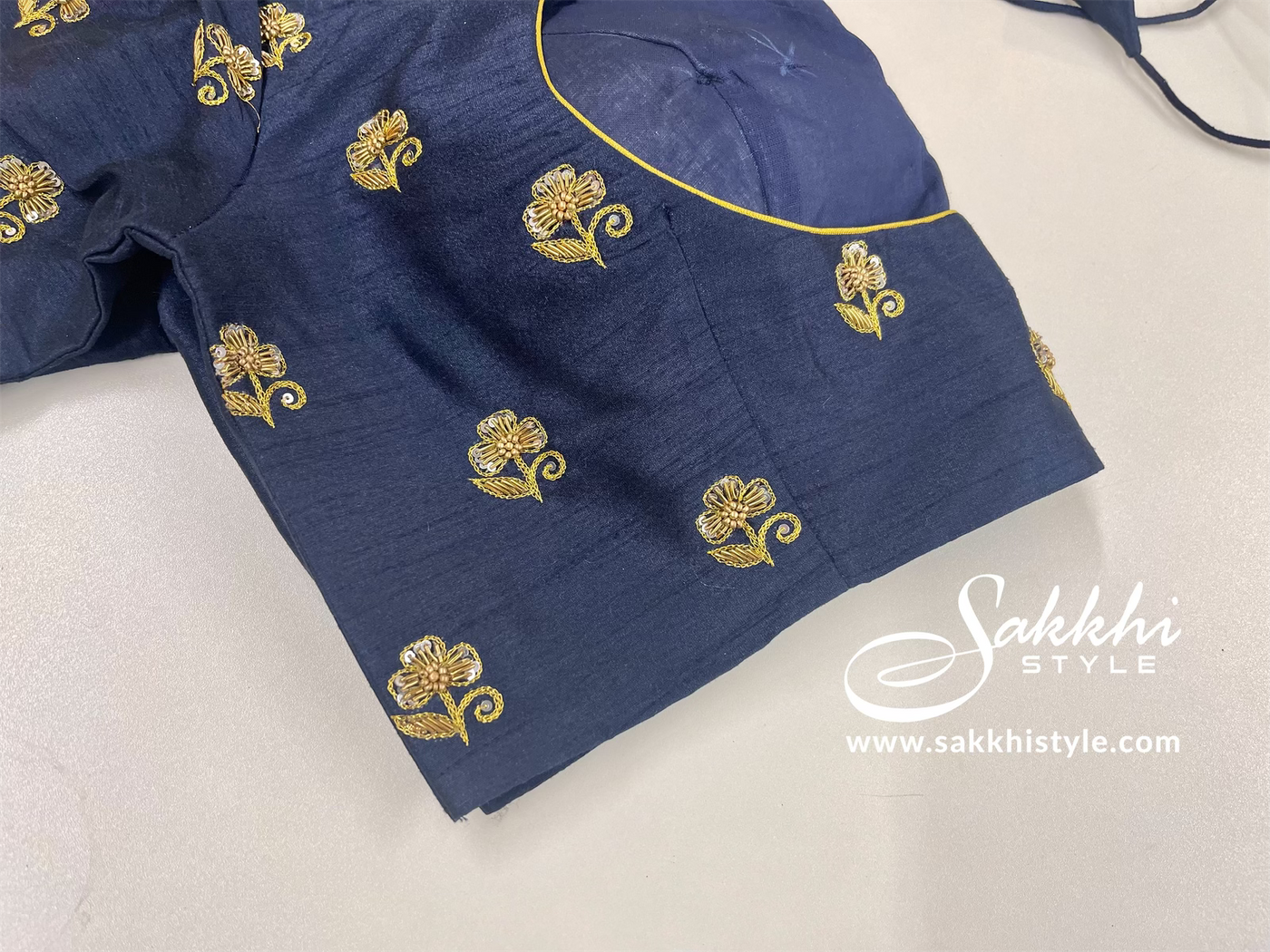 Royal blue aari work cotton slub blouse - Sakkhi Style