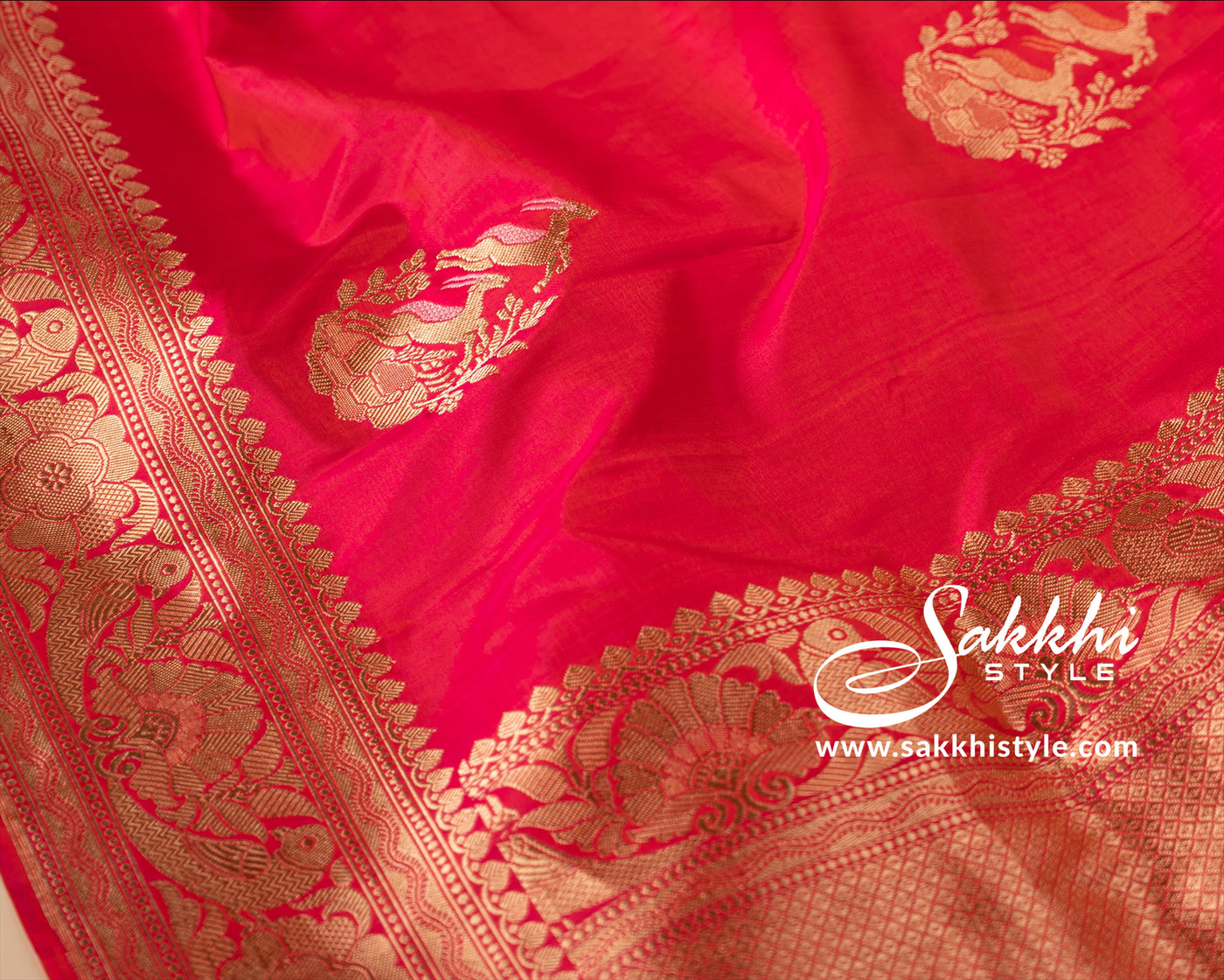 Sakkhi Style Katan Banaras Silk Pink Saree with Blouse and Gold Work - Sakkhi Style