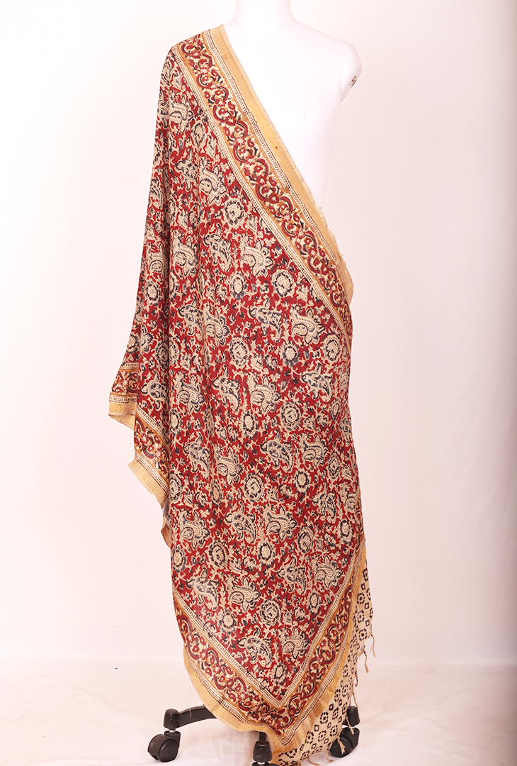 Red, ivory and blue hand printed kalamkari silk dupatta - Sakkhi Style