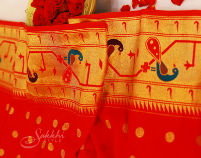 Cherry Red Semi Paithani Silk Saree - Sakkhi Style