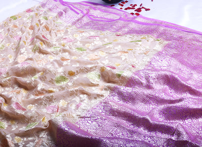 Light beige tissue georgette silk handloom saree with jaal design - Sakkhi Style