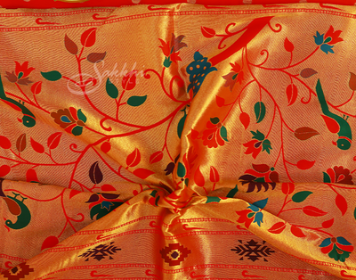 Cherry Red Semi Paithani Silk Saree - Sakkhi Style