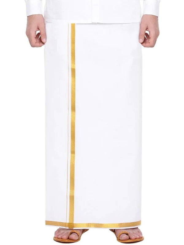 White Dhoti with Gold Jari Border - Sakkhi Style