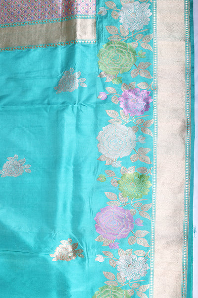 Pastel blue banarasi gold silver zari buta cutwork woven saree - Sakkhi Style