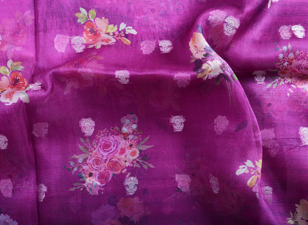Purple and Multi Colour Floral Printed Organza Saree with Sequinend Blouse - Sakkhi Style